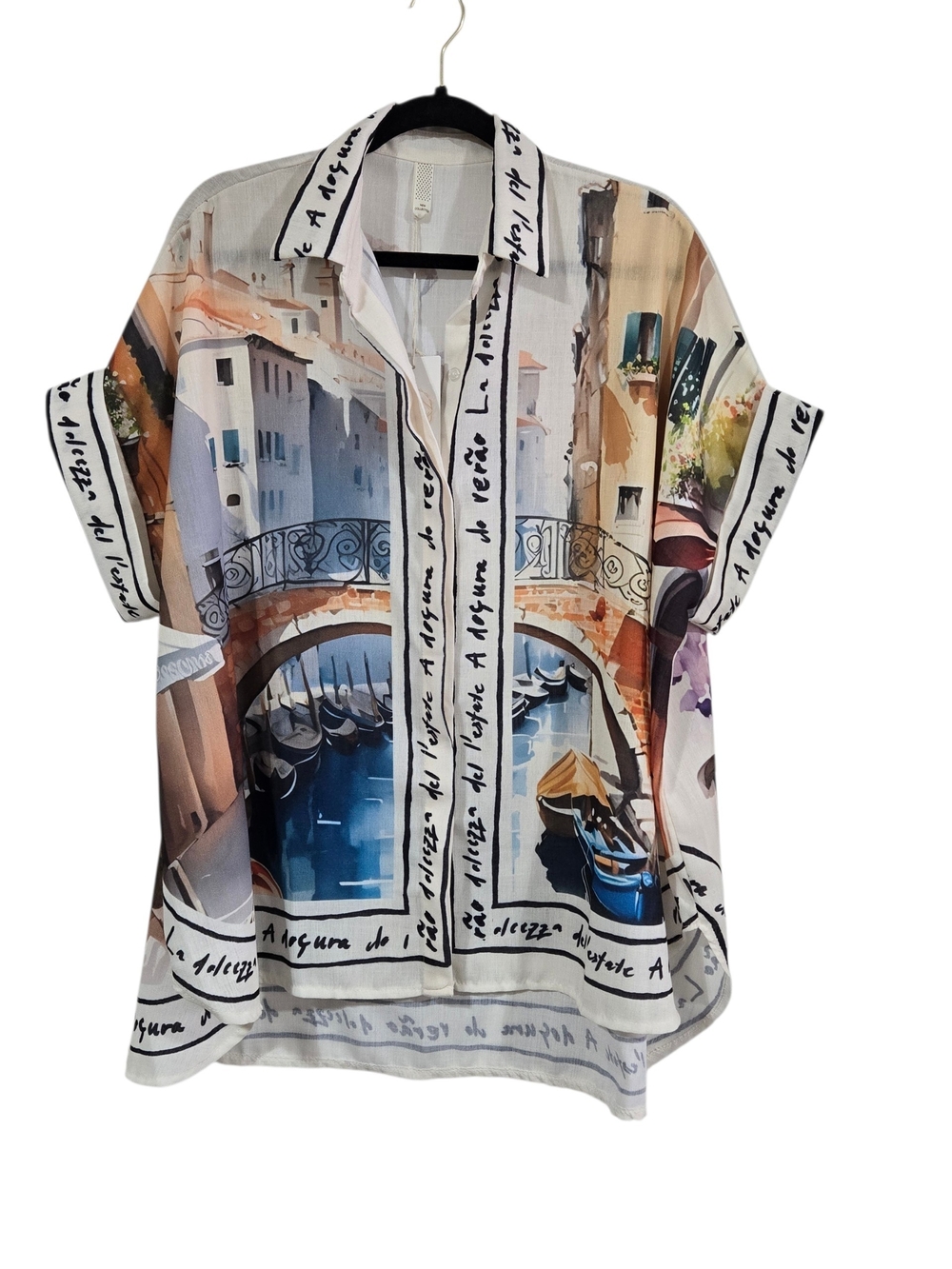 Paris Watercolor Canal Print Button Up Blouse Made In Italy Linen 3X New